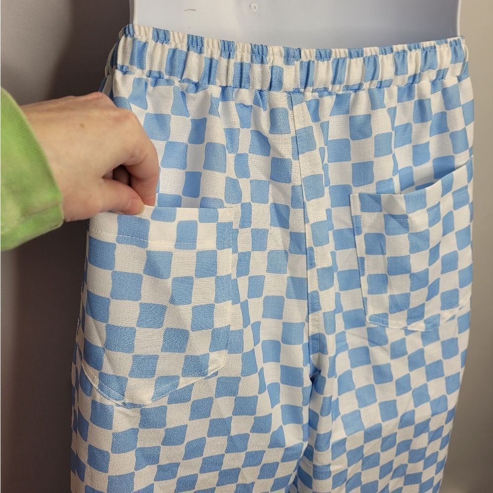 New Cider Blue Check Pull On Wide Leg Pants With Pockets M — image 7 of 8